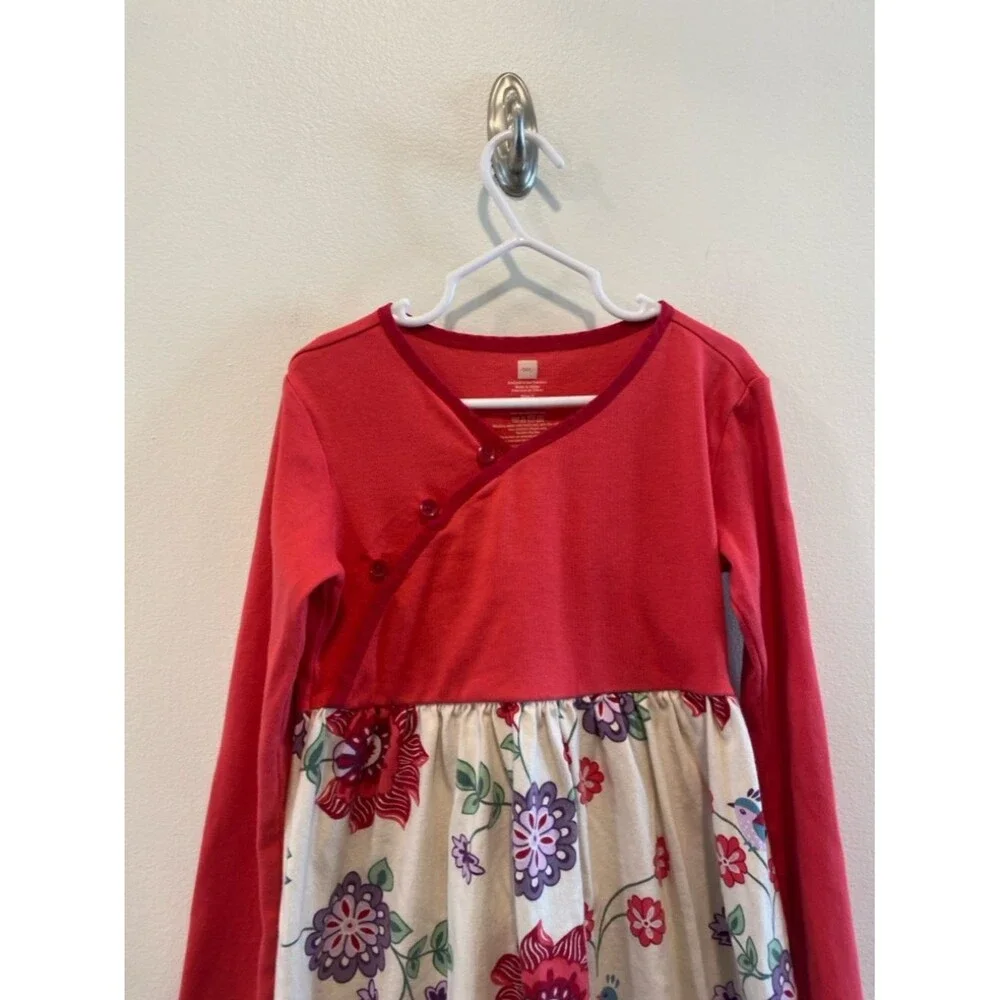 Tea collection girls long sleeve dress size 7 floral and bird print China Asia